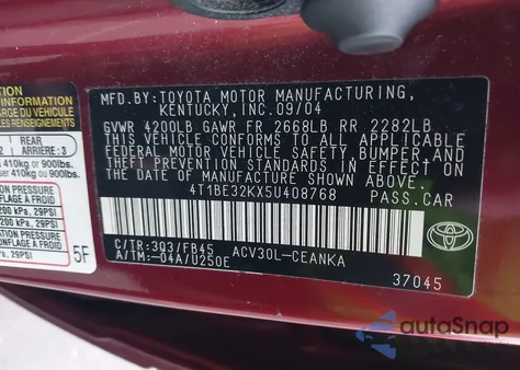 2005 Toyota Camry Le из США, поврежденный, VIN 4T1BE32KX5U408768